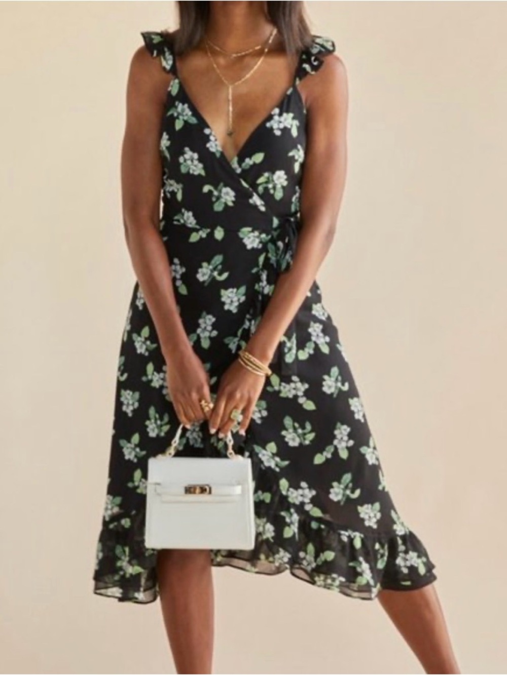 Audrey Parks Black Floral Wrap Dress Ruffles L Sleeveless NWT